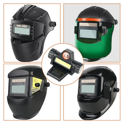 Two Pack Welding Light With Dual Rotatable Lamps, Magnetic Clamp Helmet Headlamp displayed with various welding helmets.