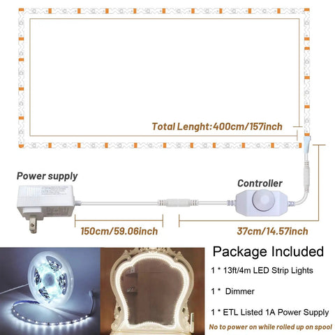 13Ft Led Vanity Mirror Lights Kit Bendable No Cutting Required With Dimmer And 12V Power Supply Flexible Strip Light layout