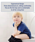 Child sitting on a Straight Up Premium Universal White Toilet Seat With Foolproof Soft Close Slow Drop Lid Crafted From Heavy Duty Urea Resin That Blocks Scratches And Never Turns Yellow.