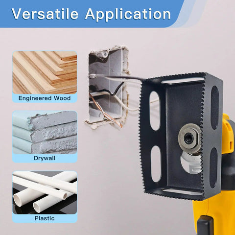 Heavy Duty Drywall Outlet Cutter For Oscillating Multi Tool shown cutting drywall, highlighting versatility with engineered wood and plastic.
