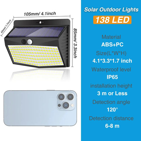 Outdoor Solar Lights 138 LED 8 Pack Motion Sensor Security Light With 3 Lighting Modes Waterproof Wall Lights dimensions