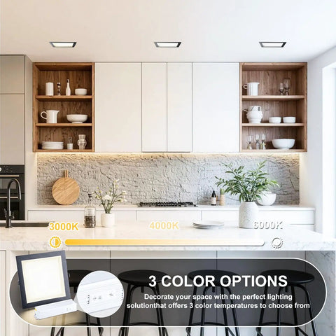 HITOO 8 Inch Square Recessed Ceiling Light, 3CCT, Dimmable, Black, 2 Pack installed in a modern kitchen ceiling.