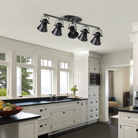 Installed Five Light Track Lighting Kit With Adjustable Heads In Industrial Black in modern kitchen