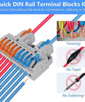 Quick DIN rail terminal blocks kit with red and blue wires connected, showing twisting, no tape, and no soldering.