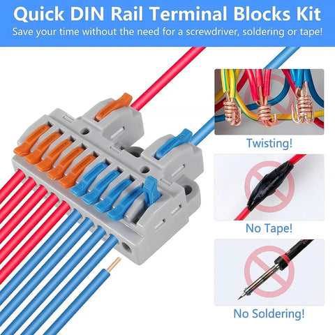 Quick DIN rail terminal blocks kit with red and blue wires connected, showing twisting, no tape, and no soldering.