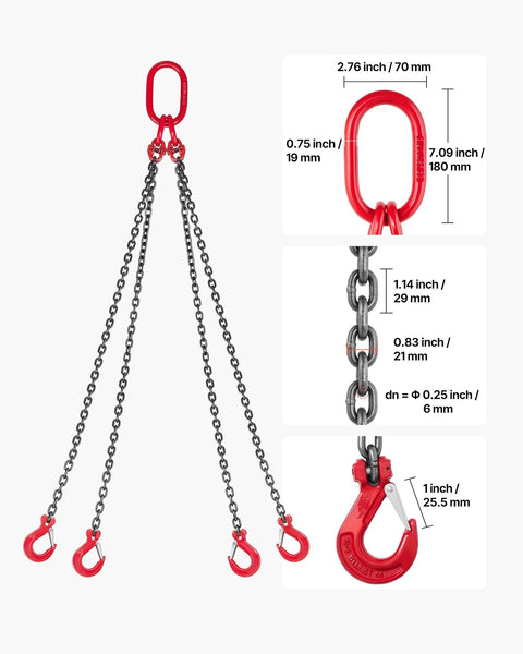 Front view: VEVOR four-leg chain sling with red master link and four red hooks; 1/4 in x 5 ft, 6600 lb capacity.