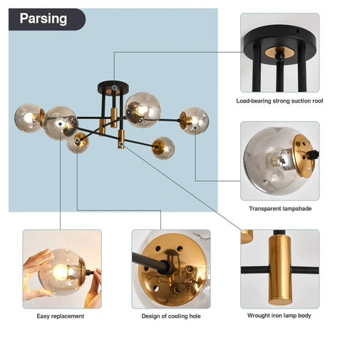 Lit Modern Glass Globe Sputnik Chandelier Flush Mount Ceiling Light In Black And Gold Finish For Dining Room Kitchen And Hallway Farmhouse Style Decor shown structured with transparent glass shades and gold accents.