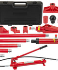 12-Ton Porta Power hydraulic jack kit with red ram, hoses, and adapters in a black storage case.