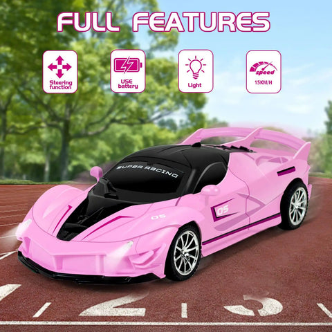 Rad Remote Control Car For Girls 1 To 18 Scale Pink Sports Racing Toy With LED Headlights on a track showcasing features