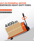 Heavy Duty Electric Pallet Jack With 4400 Lb Capacity Lithium Ion Battery Powered Pallet Truck, shown moving large boxes.