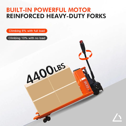 Heavy Duty Electric Pallet Jack With 4400 Lb Capacity Lithium Ion Battery Powered Pallet Truck, shown moving large boxes.