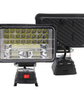 Mingzhe Cordless LED Flood Light 50W with USB Ports viewed from front and back, showcasing adjustable mount and control switch.