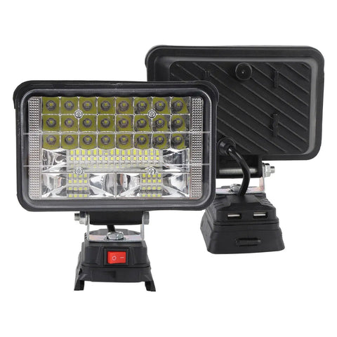 Mingzhe Cordless LED Flood Light 50W with USB Ports viewed from front and back, showcasing adjustable mount and control switch.