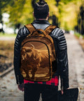 Long Horn Bull Vintage Print Backpack For Adults, showing bold bull design, worn on back in outdoor setting