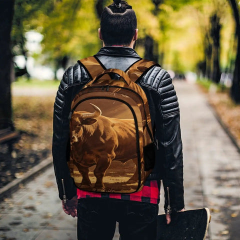Long Horn Bull Vintage Print Backpack For Adults, showing bold bull design, worn on back in outdoor setting
