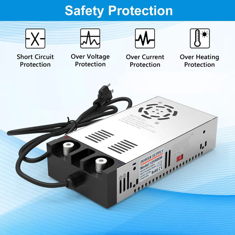 Easy To Use Universal 110V To 12V AC DC Converter Power Supply with safety protection icons on display