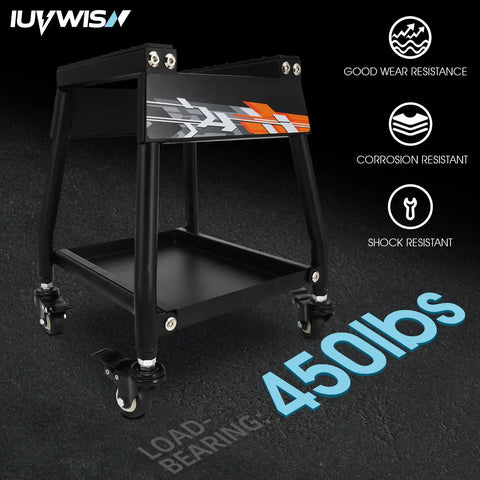 Movable Dirt Bike Stand With Wheels Motorcycle Lift Panel, heavy steel frame, 450 lbs capacity, shown on black background