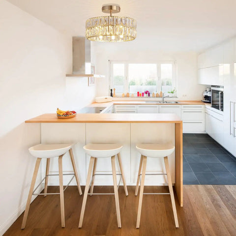 Lit Rose Gold Semi Flush Mount Crystal Ceiling Light With 68 K5 Crystals in a modern kitchen.