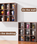 Sleek 9 Grid Wall Mounted Coffee Mug Display Rack, Solid Wooden Curio Shadow Box Shelf with collectibles on wall and desktop.