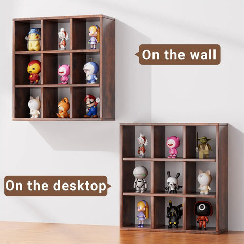 Sleek 9 Grid Wall Mounted Coffee Mug Display Rack, Solid Wooden Curio Shadow Box Shelf with collectibles on wall and desktop.