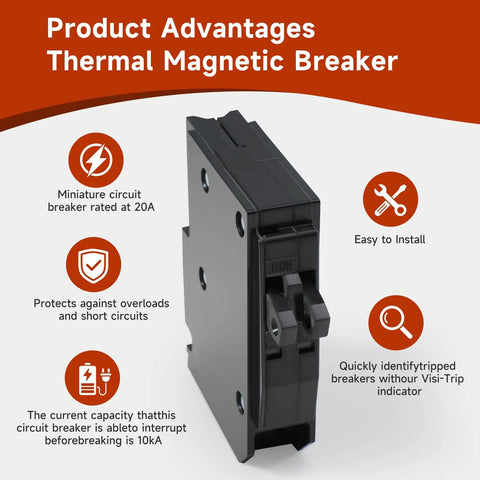 Tandem 1 Pole 20 Amp Circuit Breaker Plug-In 120/240V AC With 10kA Interrupting Rating, side view with product advantages.