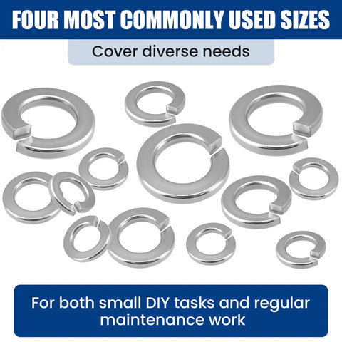 Heavy Duty Stainless Steel Lock Washers Kit 150 Pcs 18 8 304 Grade Spring Lock Washers Assortment For Auto DIY Marine Use Rust Resistant Built To Last Hardware Great For Home And Workshop Projects, four sizes