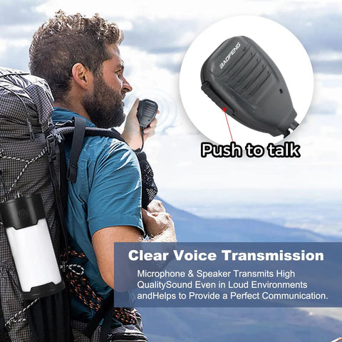 Man using Walkie Talkie Speaker Mic For Baofeng Radios That Play Nice With UV 5R UV 82 BF F8HP Pro 888S outdoors.