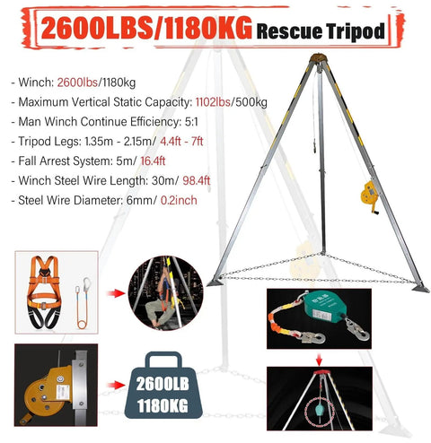 Rock Solid Confined Space Rescue Tripod Kit With Retractable Fall Arrest Harness And Heavy Duty Self Locking Winch For Vertical Roof And Manhole Lifting Jobs