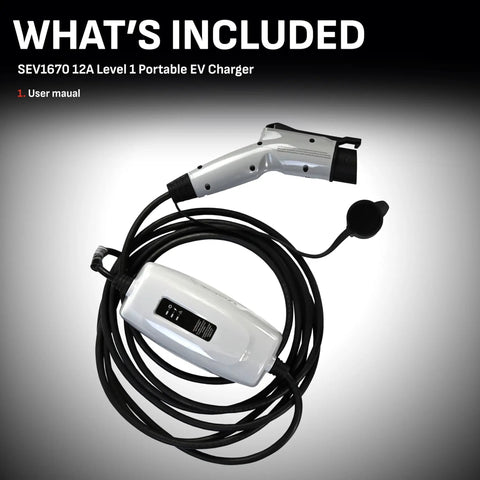 Go-To Portable Level 1 EV Charger For Home And On The Go 12 Amp At 120 Volt NEMA 5 15P Plug J1772 Connector SEV1670