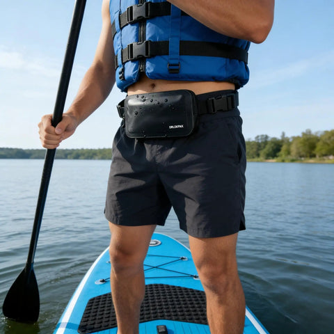 Person paddleboarding wearing a floating waterproof fanny pack waist pouch for phone wallet keys passport cards up to 1.5m submersion.