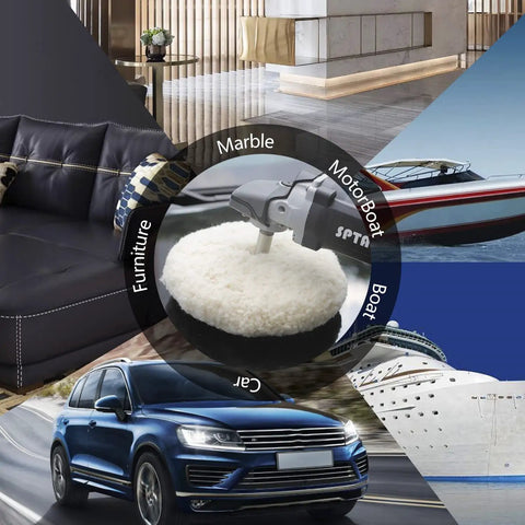 8 Inch Dual-Sided Wool Buffing Pad 100 Percent Natural Wool With 5/8-11 Thread shown with different applications for cars and boats