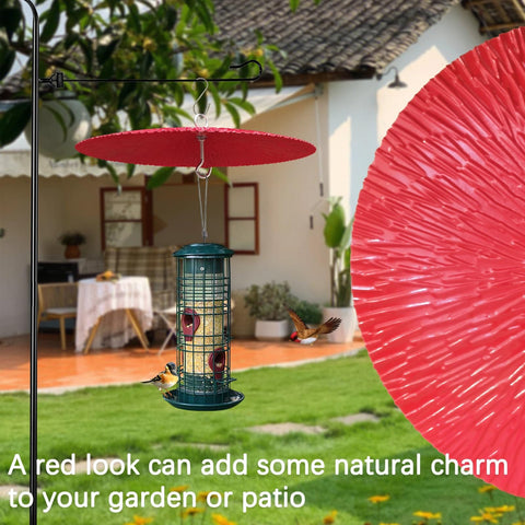 13 Inch Metal Bird Feeder Baffle Rain Guard shielding a feeder from rain, wind, and sun under a garden setting.