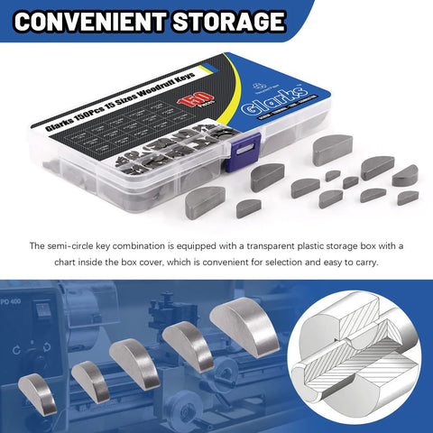 Glarks 150-piece Woodruff key set in a clear storage box; carbon steel semi-circular keys in 15 sizes.