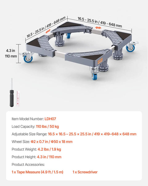 Heavy Duty Rolling Base For Mini Fridge And Washing Machine 16 To 25 In Adjustable Mobile Platform with casters and dimensions shown.
