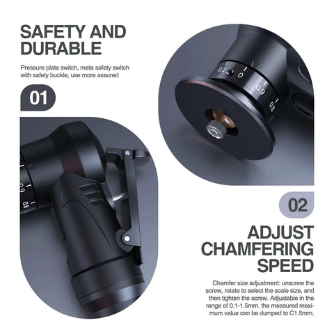 Front and side views of a black Mulcort pneumatic chamfering tool with adjustable dial and 6 C-blades.