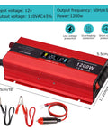 Heavy Duty 1200W Car Power Inverter Cranks Out DC 12V To 110V AC With Tough Steel Shell And Crisp LCD Display Panel, red color, 1200W output.