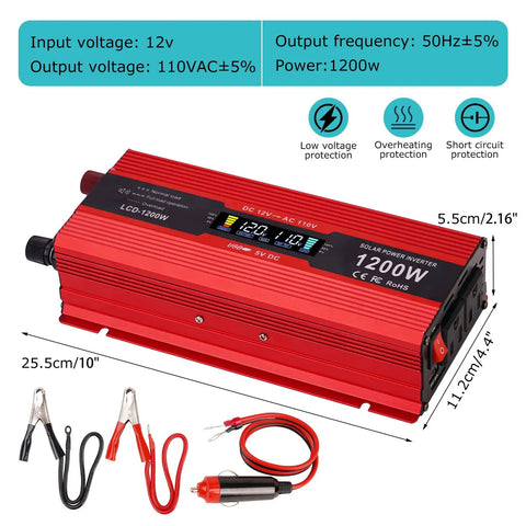 Heavy Duty 1200W Car Power Inverter Cranks Out DC 12V To 110V AC With Tough Steel Shell And Crisp LCD Display Panel, red color, 1200W output.