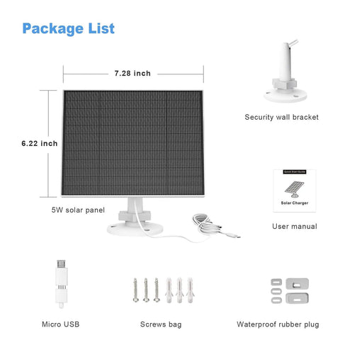 Package contents with 5W Outdoor Camera Solar Panel Charger 5W Compatible With Eufycam 3C 3 2C 2C Pro 2 2 Pro E20 E40 E L40 L20