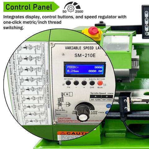 Control panel of Precision Metal Lathe Benchtop Mini Machine with electronic gear change and digital readout.