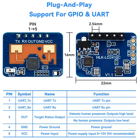 Must Have MmWave Presence Sensor Module For Smart Homes With UART GPIO Output Detects People From Moving Or Micro Movements Up To 6M Range And 60 Degree Field Ideal For IoT Projects And Home Automation with dimensions and pin details