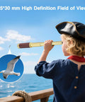 Old School Pirate Telescope Spyglass Zoomable 25x30 Portable Collapsible Handheld Monocular With Copper Pocket Compass For Camping Boating Survival Gear And Outdoor Adventures, child using it on a boat