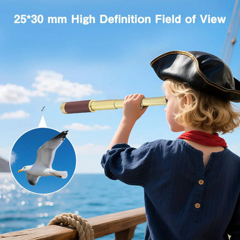 Old School Pirate Telescope Spyglass Zoomable 25x30 Portable Collapsible Handheld Monocular With Copper Pocket Compass For Camping Boating Survival Gear And Outdoor Adventures, child using it on a boat
