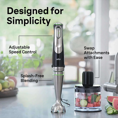 Badass Eight Attachment Hand Blender With Slick Smart Speed Controls And Instant Pulse Mode For No Fuss Vegetable Pureeing Herb Chopping And Creamy Soup Making In Your Home Kitchen showing adjustable speed control and splash-free blending.