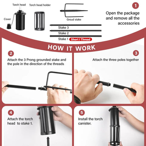 Citronella Outdoor Torches Set of 6 assembly guide with 16 Ounce Fuel, instructions showing how to use the 58 Inch Black Garden Lanterns.