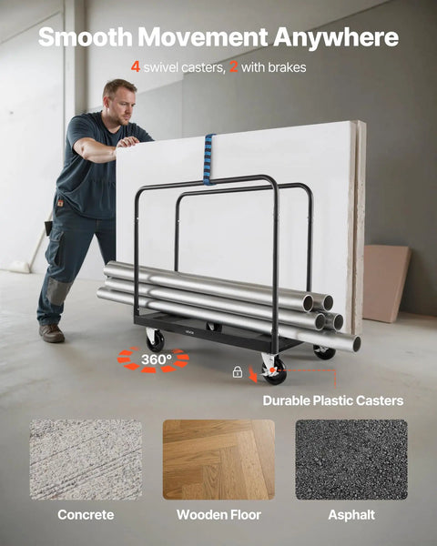 Beefy Heavy Duty Folding Table Cart With 1800 Lb Load Capacity, Steel Table Dolly on 5 Inch Swivel Casters in use on concrete.