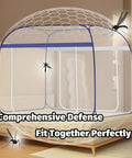 King Size Mosquito Net For Patio Bed Tent Portable Indoor Outdoor Use Durable Polyester Mesh For Camping Travel Dorm Rooms And Backyard Relaxation 87 By 79 Inch Grey installed over a bed with mosquitoes outside