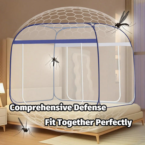 King Size Mosquito Net For Patio Bed Tent Portable Indoor Outdoor Use Durable Polyester Mesh For Camping Travel Dorm Rooms And Backyard Relaxation 87 By 79 Inch Grey installed over a bed with mosquitoes outside