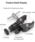 Beefy Clamp Mount With Mini Ball Head For Desk Or Rig Hot Shoe Adapter, showing T-shape bar, 1/4 inch screw, and rubber grips.