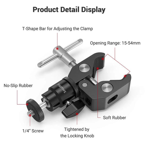 Beefy Clamp Mount With Mini Ball Head For Desk Or Rig Hot Shoe Adapter, showing T-shape bar, 1/4 inch screw, and rubber grips.