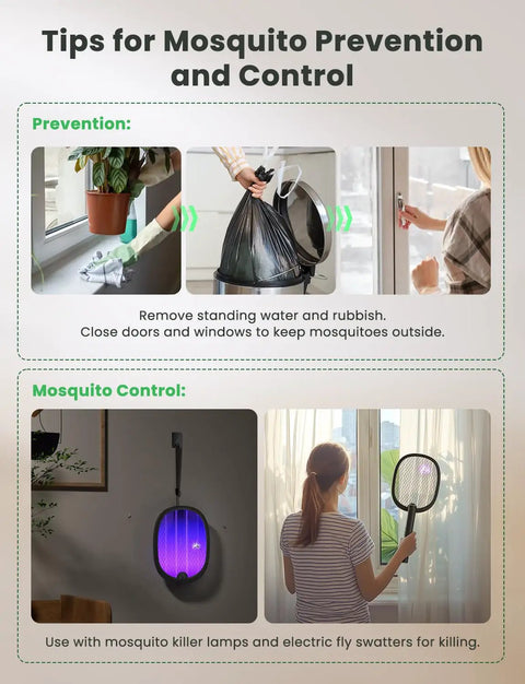 Image showing mosquito prevention tips with a Foldable Electric Fly Swatter Racket 2 In 1 Mosquito Killer With Purple Attractant Light.